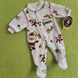NWT PREEMIE UNISEX FLEECE FOOTIE White Red +Green Christmas Santa+Reindeers (Q2)